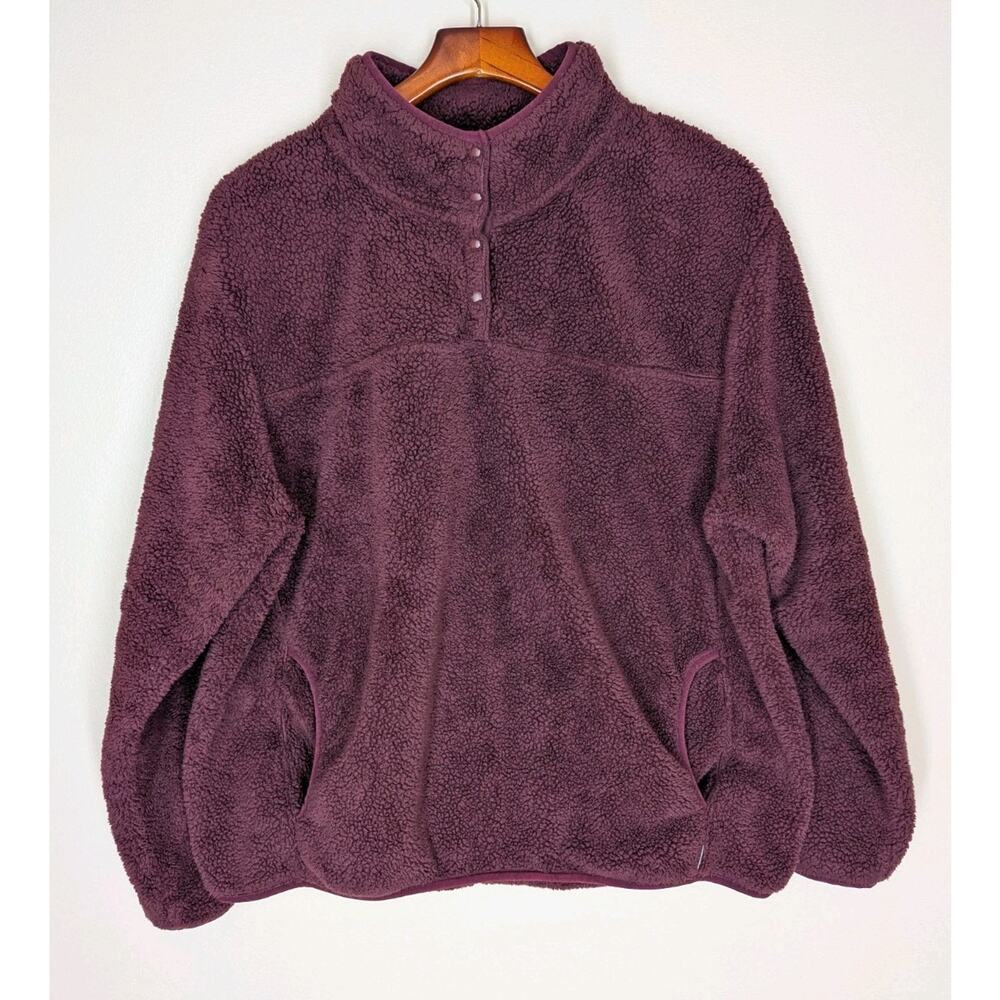 Eddie Bauer Woman’s XXL Hi Pile Fleece Sweater Purple 1/4 Snap Pullover Pockets